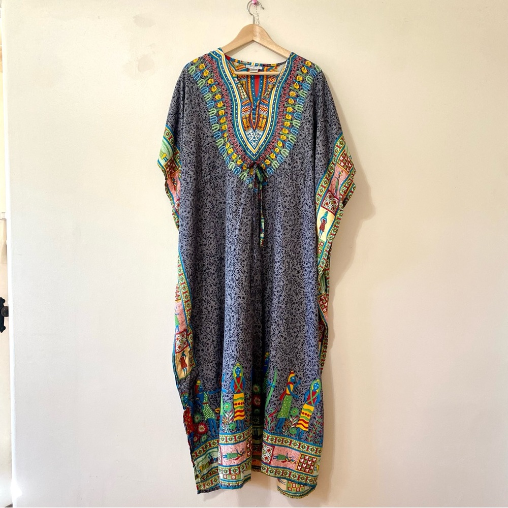Vintage 80s Caftan Dress Gray Colorful Goddess God Deity Print Tie Front Maxi